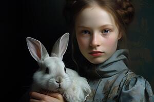 portrait of girl with grey fluffy rabbit on dark background photo