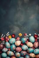 vertical easter composition top view many colorful eggs with flowers on dark grey concrete background with copy space photo