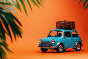 summer vacation traveling concept blue retro toy car with suitcase on roof with with green palm leaves around on orange background with copy space photo