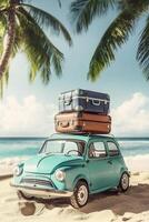 vertical vacation traveling concept red retro toy car with suitcase on roof standing against backdrop of summer sea beach with palm trees with copy space photo
