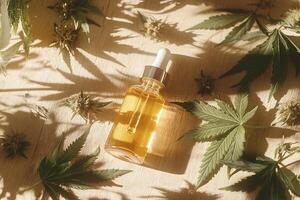 close-up top view image glass dropper bottle with natural organic hemp oil surrounded by marijuana cannabis buds and leaves on wooden table with bright sunlight photo