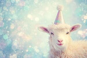 adorable 3d cartoon white fluffy goat in a festive party hat on light blurred bokeh background with copy space photo