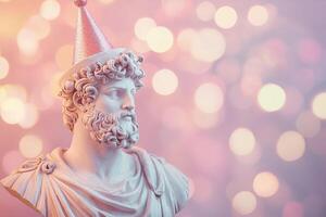 beautiful birthday card roman antique statue of man with beard in festive party hat on pastel color blurred bokeh lighting background with copy space photo