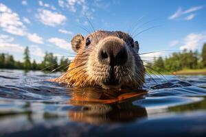 close-up of a capybara swimming in the water in a pond on a sunny day photo