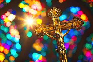 golden crucifix in close-up, surrounded by colorful stained glass reflections, vibrant lighting highlighting the intricate design for a bright and dynamic composition photo