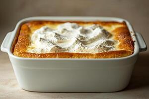 Mexican tres leches cake in a white dish, moist texture glistening under bright lighting, minimal background to focus on the creamy layers and light whipped topping photo