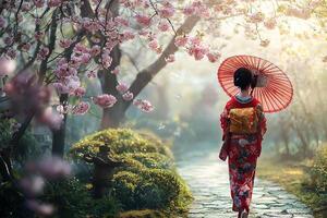 view from the back of a geisha in kimono with an umbrella walking along a path in a blooming spring park with pink sakura cherry tree photo