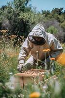 vertical image beekeeper is working in a field with a white hat and a white coat photo