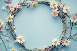 border frame top view composition delicate wreath made of twigs and white small flowers on light blue background with copy space photo