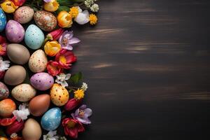 easter composition top view many colorful eggs with flowers on dark wooden background with copy space photo