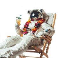 astronaut in colorful hawaiian flower garland on neck relaxing on a beach chair with glass of cocktail isolated on white background photo