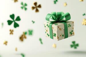 small gift box wrapped in a green and gold ribbon, surrounded by floating shamrock icons against a light white background photo