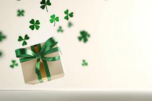 st Patrick levitayion composition small gift box wrapped in a green and gold ribbon with floating trefoils leaves on light background photo