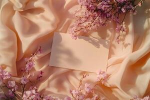 mockup top view blank empty white card surrounded by delicate lilac flowers on soft fabric background photo