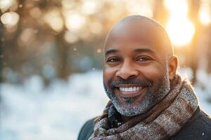 portrait happy smiling middle aged african american man wearing scarf in winter park with snow covered trees on blurred bokeh background with natural sunset light photo