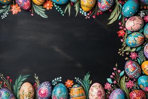 beautiful spring composition top view many colorful easter decorated eggs with flowers on dark wooden background with copy space photo