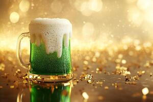 st. Patrick's day image with mug of green surrounded by scattered golden confetti on bokeh golden background with copy space photo