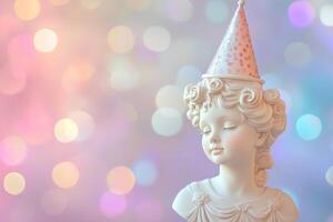 beautiful birthday card roman antique statue of girl in festive party hat on pastel color blurred bokeh lighting background with copy space photo