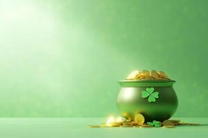 st patricks day composition simple pot of golden coins, placed on light green background with copy space photo