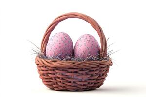 festive design element wicker basket with two pastel pink colors Easter eggs decorated with silver sparkles isolated on white background photo