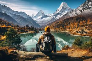 back view of a young man with a backpack sitting on rock and looking at a beautiful blue mountain lake photo
