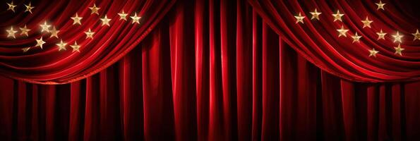 banner of empty scene with classic red curtain with many small golden shiny stars on stage of theater or cinema background photo