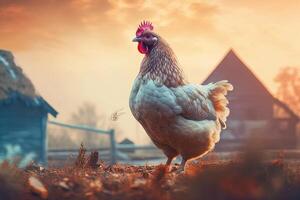 white free range chicken stands on a farm, blurred background, photo