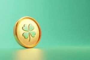 st patrick's day greeting card close-up gold coin with four leaf clover on light green background with copy space photo