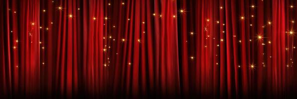 banner empty elegant scene background, classic red curtain with many small golden shiny stars on stage of theater or cinema photo