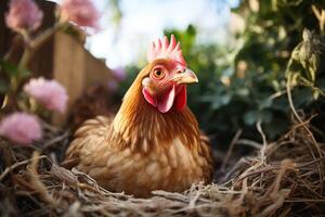 close up of a cute brown hen sitting in a nest surrounded by flowers on a blurred background photo