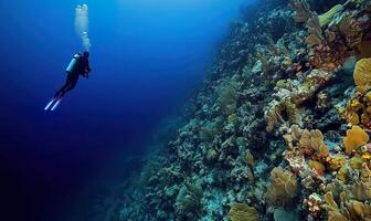 Scuba diving, underwater diver swimming inside Great Blue Hole sinkhole with oxygen tanks and gear. Belize, recreational tourism, copy space, deep photo