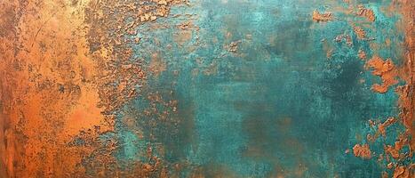 Abstract grunge rusty copper bronze metal patina texture background with copy space. Brown, orange, green, vibrant pattern backdrop wallpaper photo