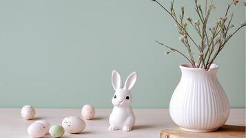a white vase with a bunny and eggs on a table photo