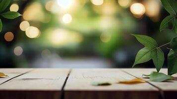 wooden table surrounded by greenery close-up, place for advertising and inscriptions, empty table surface surrounded by greenery, rustic natural style, mockup for advertising photo