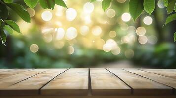 wooden table surrounded by greenery close-up, place for advertising and inscriptions, empty table surface surrounded by greenery, rustic natural style, mockup for advertising and design photo