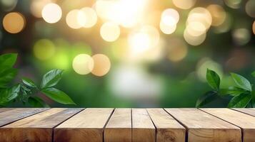 wooden table surrounded by greenery close-up, place for advertising and inscriptions, empty table surface surrounded by greenery, rustic natural style, advertising and design mockup photo