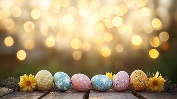 easter eggs on wooden table with bokeh background photo