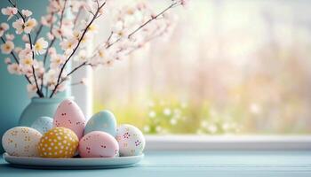 easter eggs in a vase on a blue table with a window in the background photo