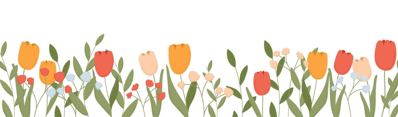 Banner with floral design and spring flower garden border. Summer botanical plant illustration with leaves, tulip and wildflower elements. Wild blossom pattern for background. Nature frame decoration