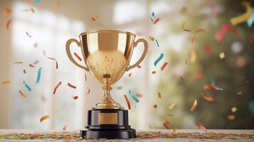 gold trophy on a table with confetti and confetti falling on it photo