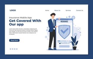 Landing page template Mobile app insurance concept with a businessman and shield icon. For digital insurance topic vector