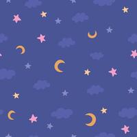 night dreamy cute nursery seamless pattern with little stars, clouds and crescent moon, on dark background vector