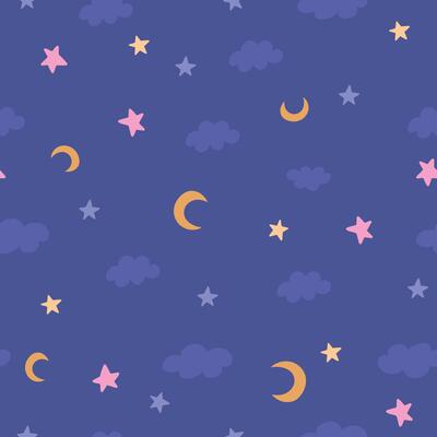 night dreamy cute nursery seamless pattern with little stars, clouds and crescent moon, on dark background