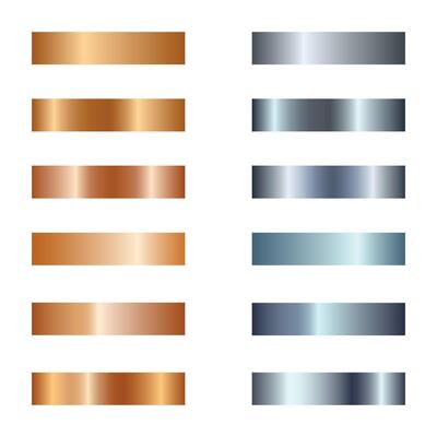 Set of gradients of gold and silver metallic texture on white background