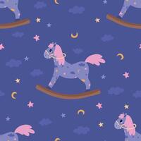 night dreamy cute nursery seamless pattern with toy rocking horse, clouds and crescent moon, on dark background vector