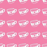 seamless pattern of white cup of coffee with heart on light pink background vector