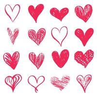 simple romantic set of simple decorative red hand drawing hearts drawn with pencil on white background vector