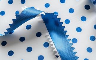 Textured white surface adorned with vivid blue dots and a glossy blue ribbon. Perfect for party decorations or craft projects, adding a cheerful touch with patterns and colors photo