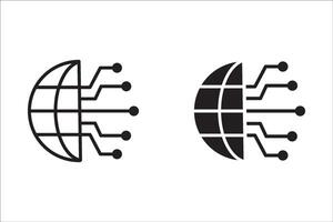 global cyber technology icon set. Circuit microchip concept for future world, processor tech with globe, digital network electronic, thin line web symbol - editable stroke illustration eps10 vector