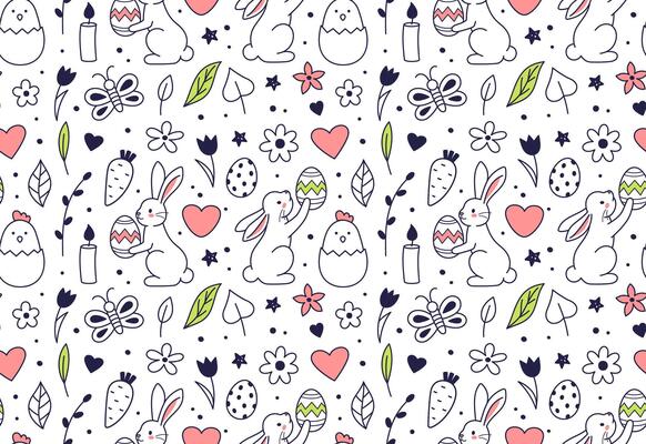 Happy Easter doodle seamless pattern. Cute characters and design elements - eggs, bunny, rabbits, chicken, spring flowers, butterflies, hearts, stars. Hand drawn doodle illustration